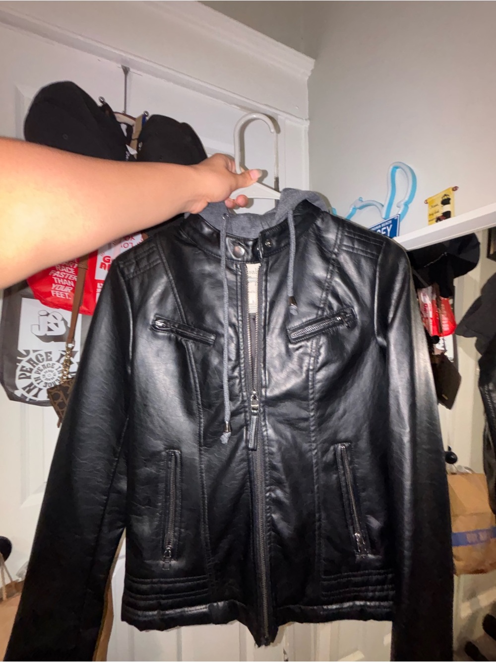 Black Faux Leather Jacket with Hood